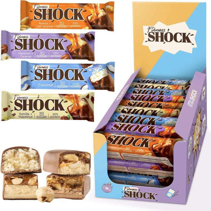 【Flash Sale】FitnesSHOCK Protein Bar Mix Box 24-Variety-Pack, No Added Sugar, High 20% Protein, Low Carb, Lower Calories, Rich in Fiber 24x50g