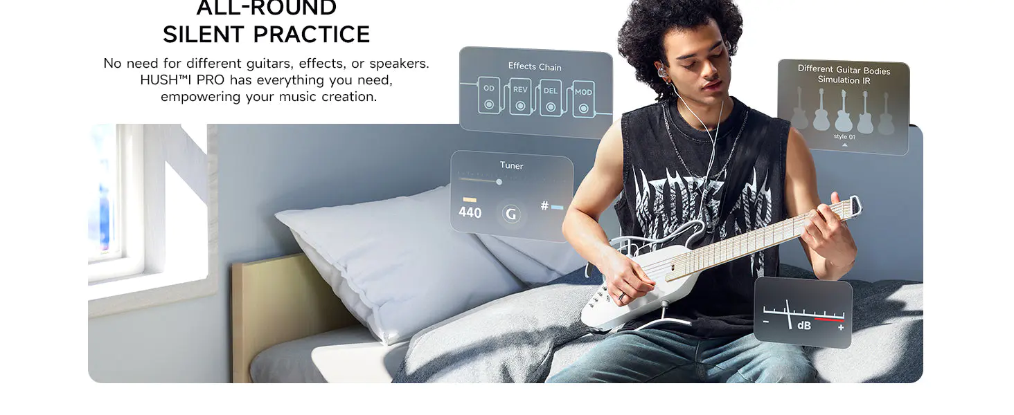 HUSH I PRO Acoustic-Electric Travel Guitar Kit with Sound Effects